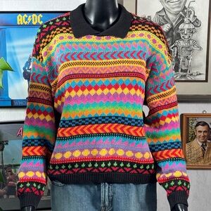 Vintage Coogi Style Colorful Knit Sweater Bold Multicolor Textured 90s Art